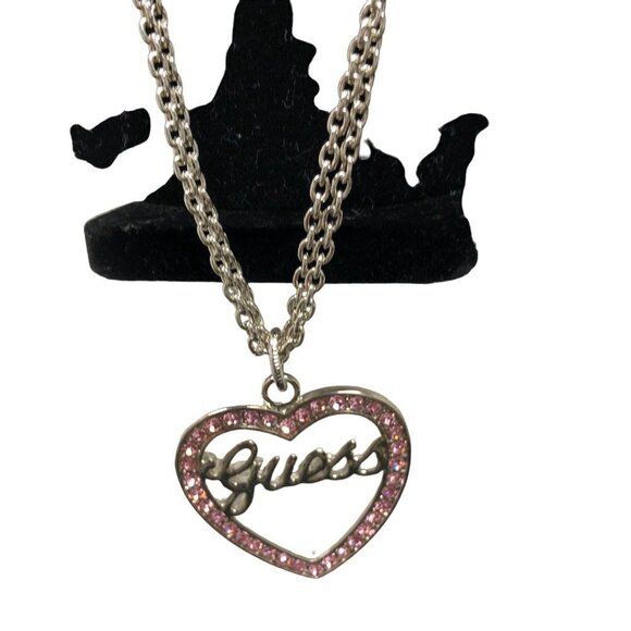 GUESS TWO STRAND SILVER‎ TONE HEART CHARM NECKLACE 30" NWT - Picture 1 of 5